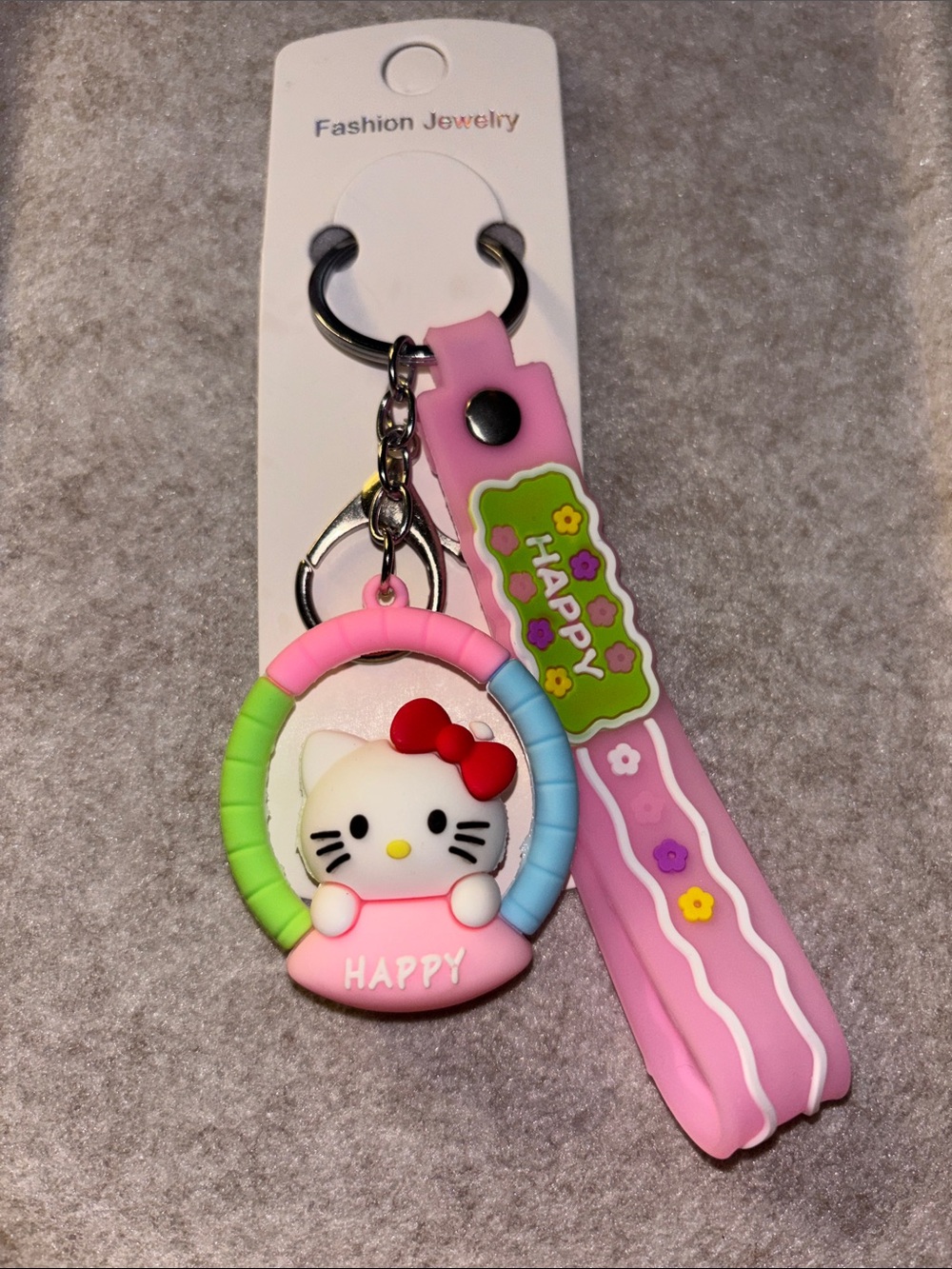 Hello Kitty Pink Silicone Keychain with Multicolor Ring Charm